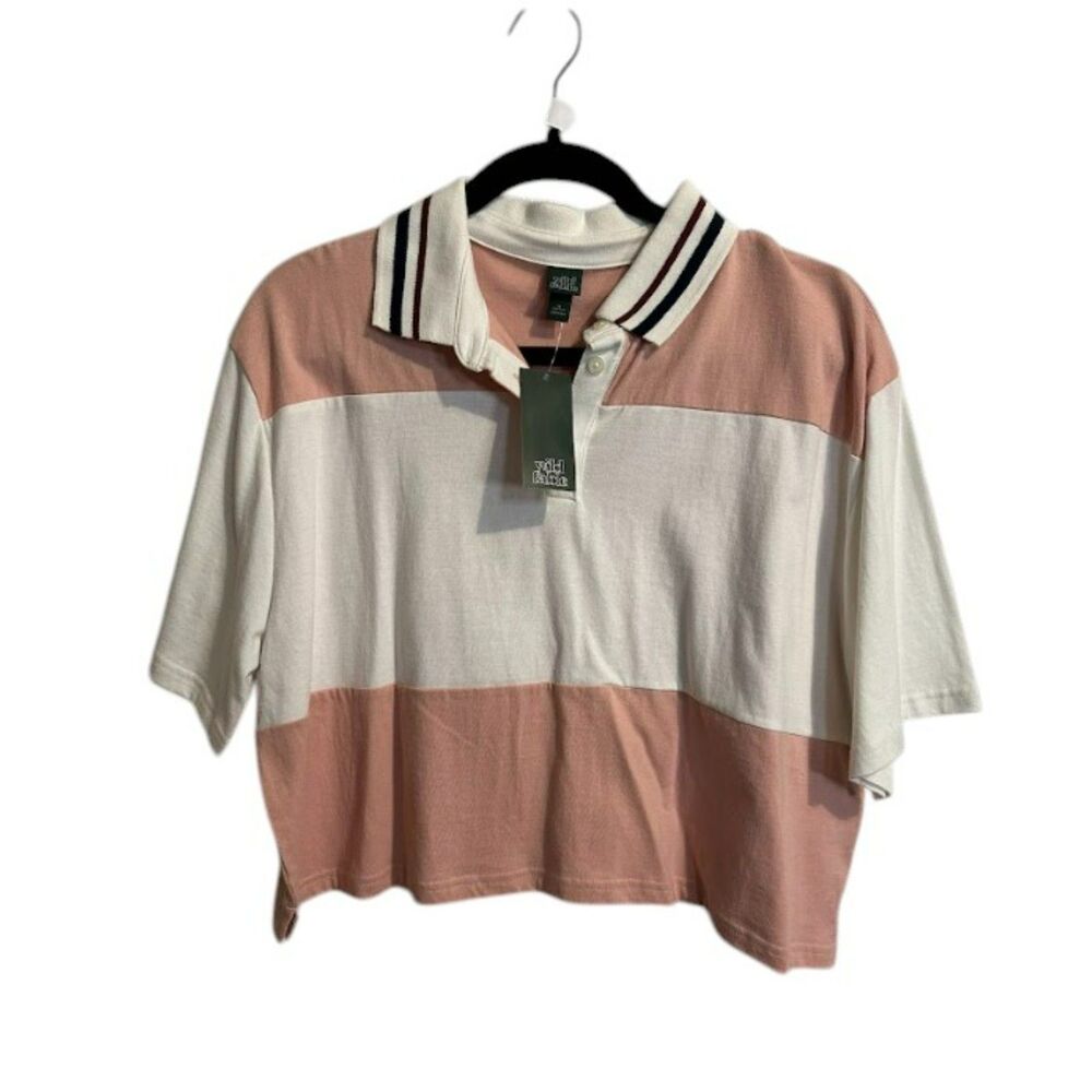 Wild Fable Cropped Rugby Polo Shirt Pink & White Striped Short Sleeve Top
